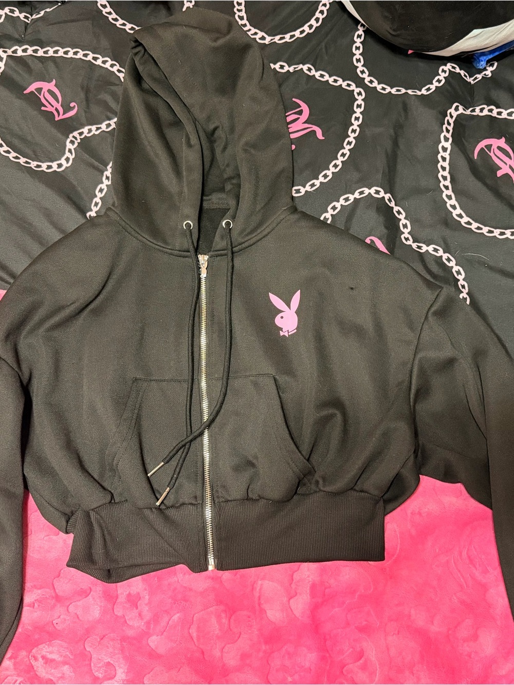 Playboy women’s small Black Cropped Zip Hoodie with Pink Logo